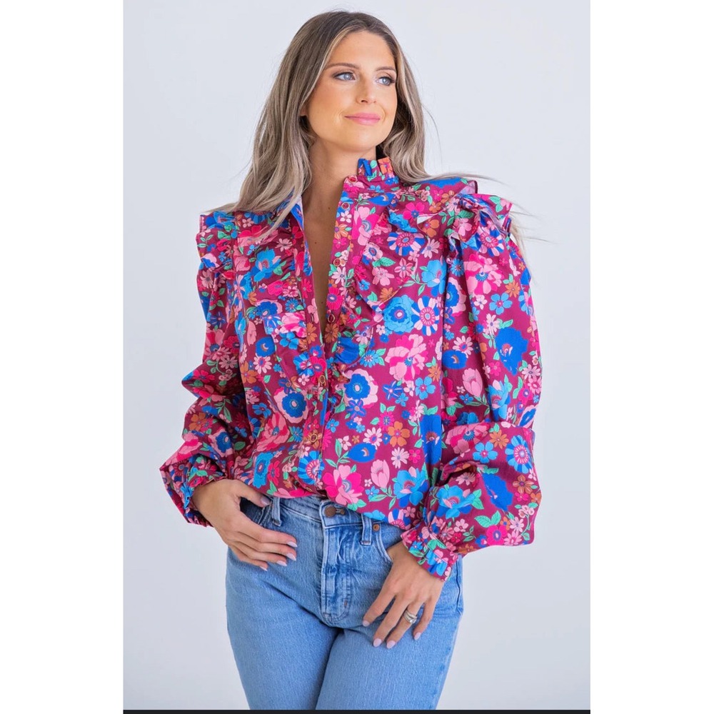 Karlie Magenta London Floral Ruffle Sleeve Blouse Pink Blue Large NWT